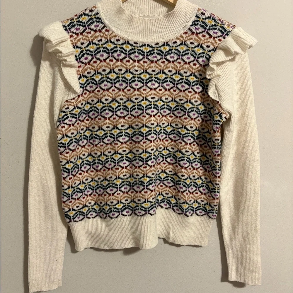 Loft Women's Geo Jacquard Ruffle Mock Neck Medium Cream Long Sleeves Cottagecore
